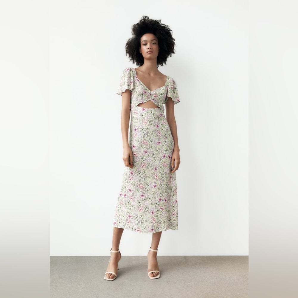Zara Multi-color Floral Long Dress with cut-out & slit size M/L or 6/8 - NWT